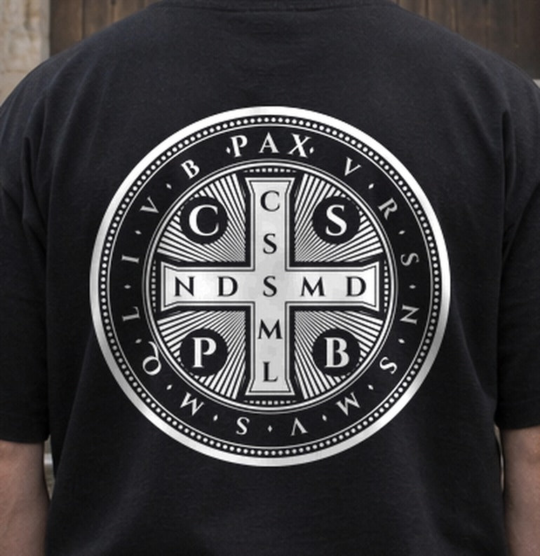St. Benedict Medal tee, close-up of the back print