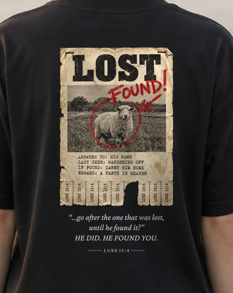 Not Lost. Found. Flyer tee, close-up of the back print