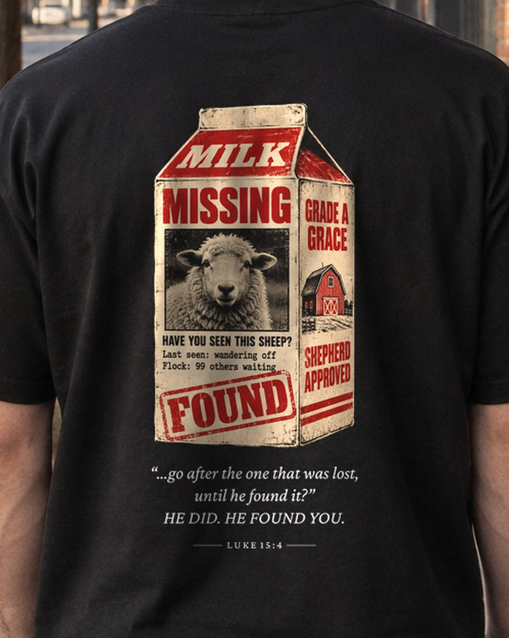 Not Lost. Found. Milk Carton tee, close-up of the back print