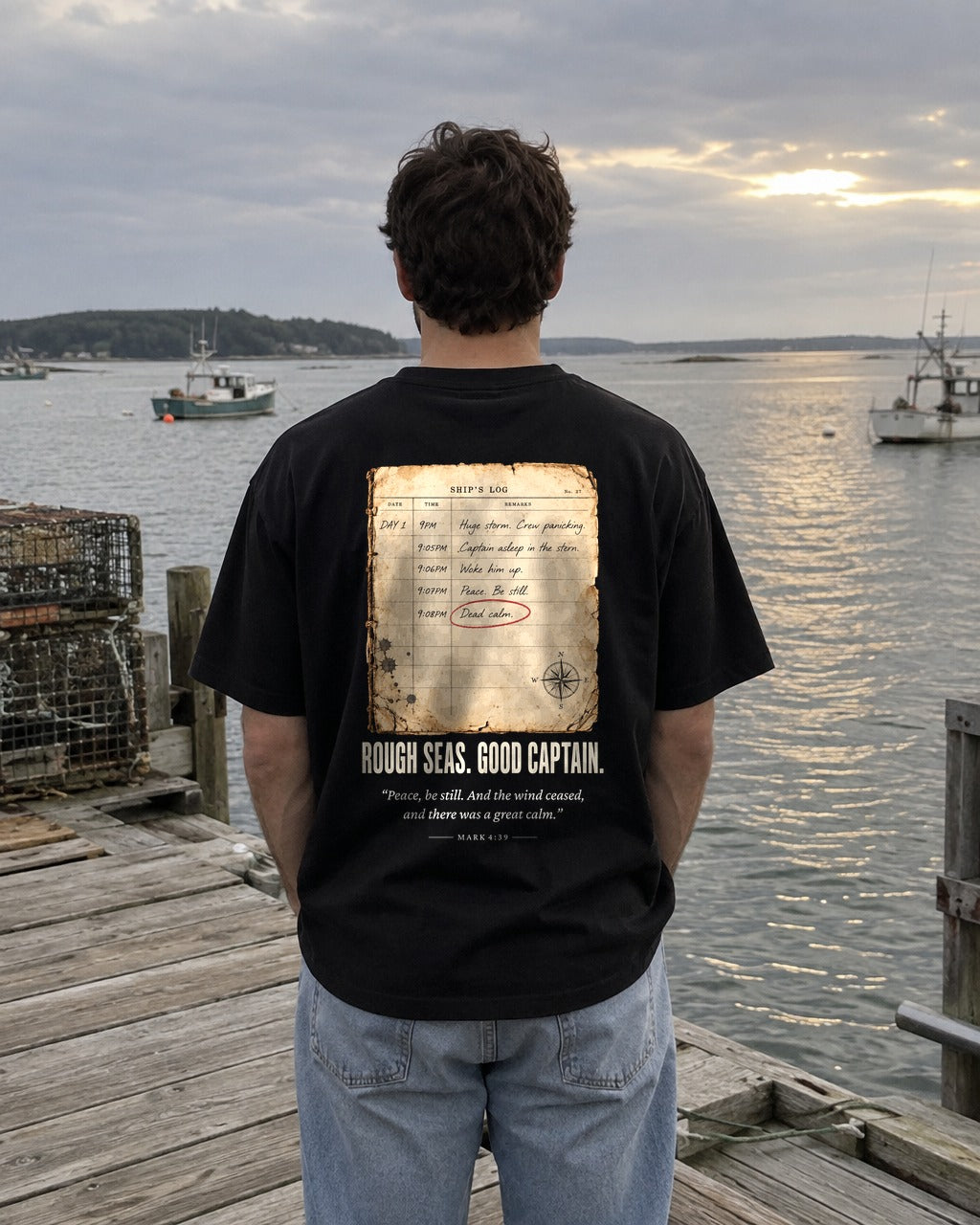 Rough Seas Ship's Log tee on a pier, back view