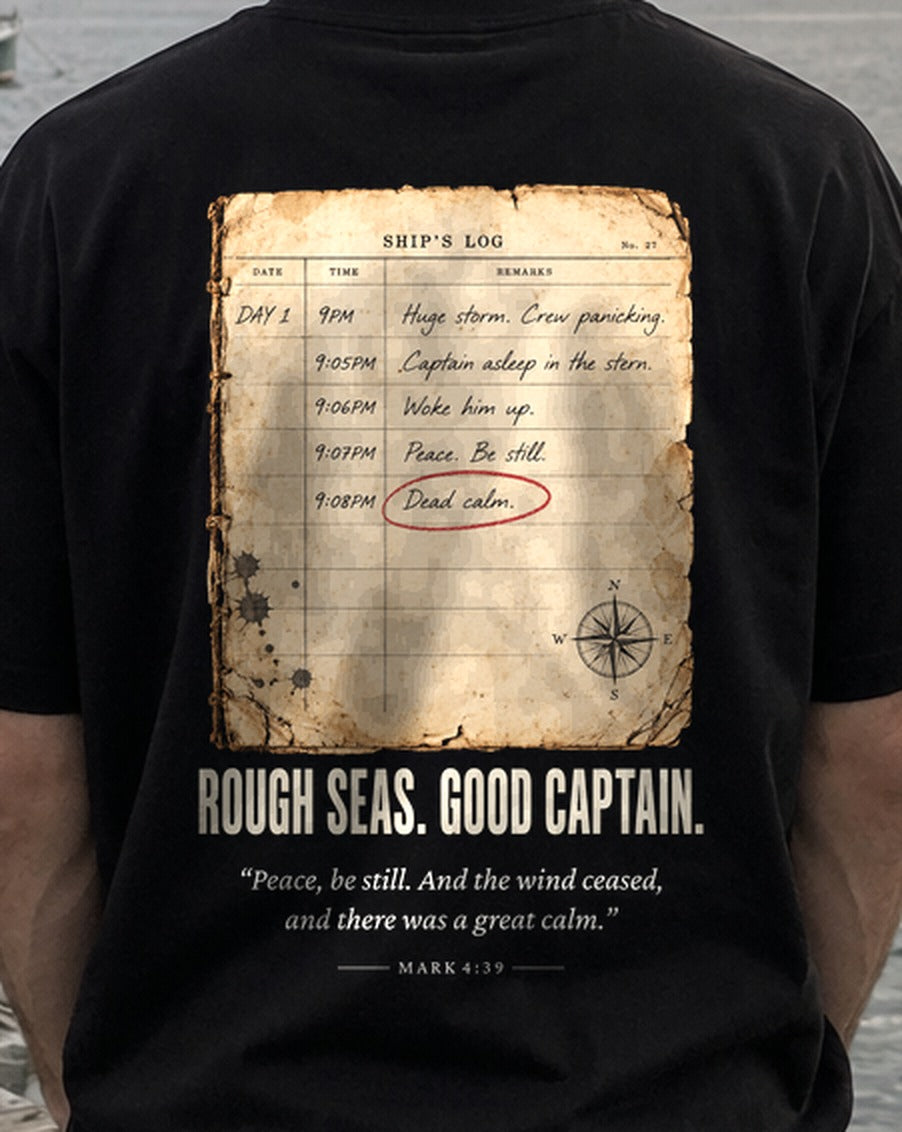 Rough Seas Ship's Log tee, close-up of the back print