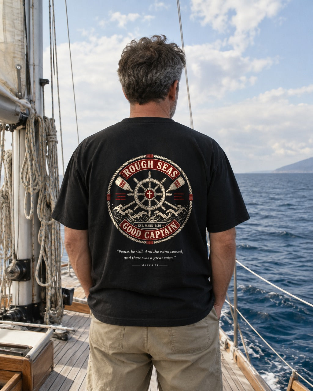 Rough Seas Good Captain Patch tee on a sailboat, back view