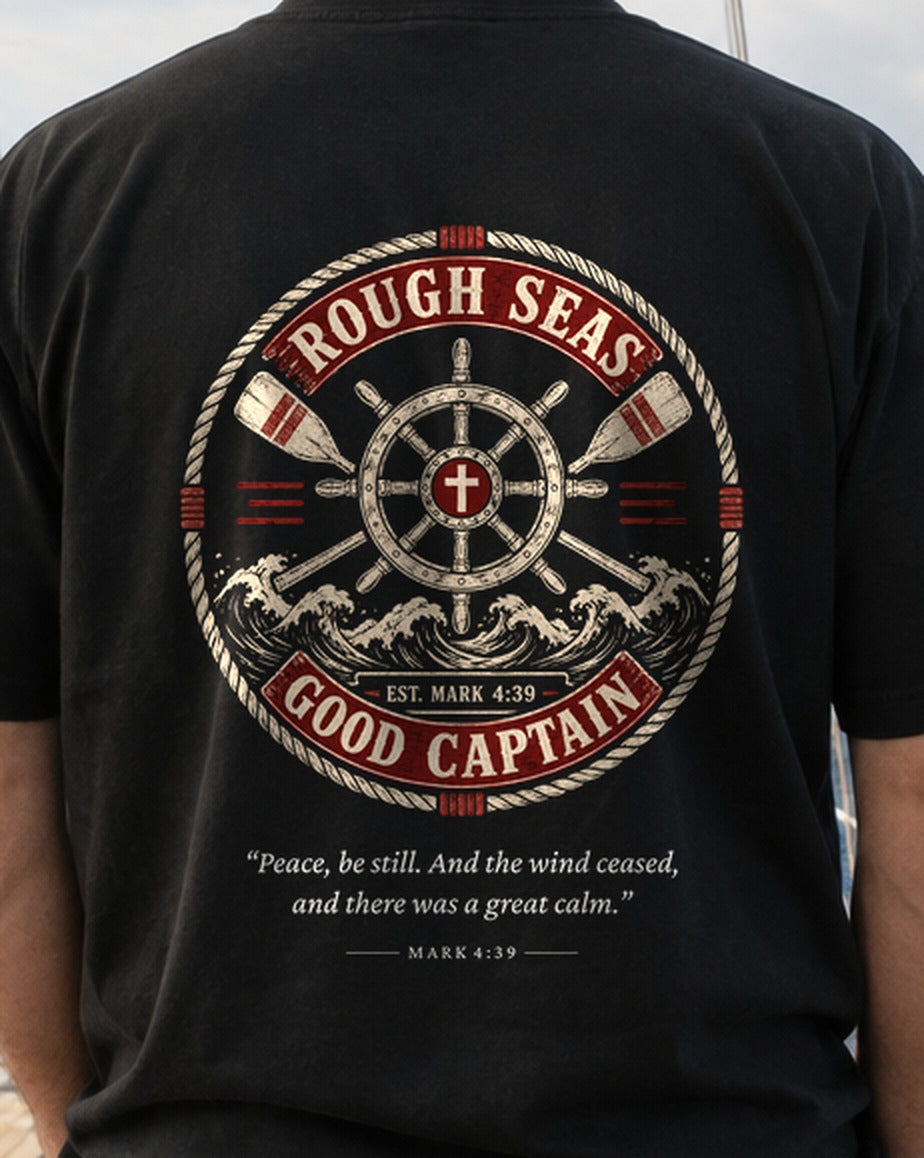 Rough Seas Good Captain Patch tee, close-up of the back print