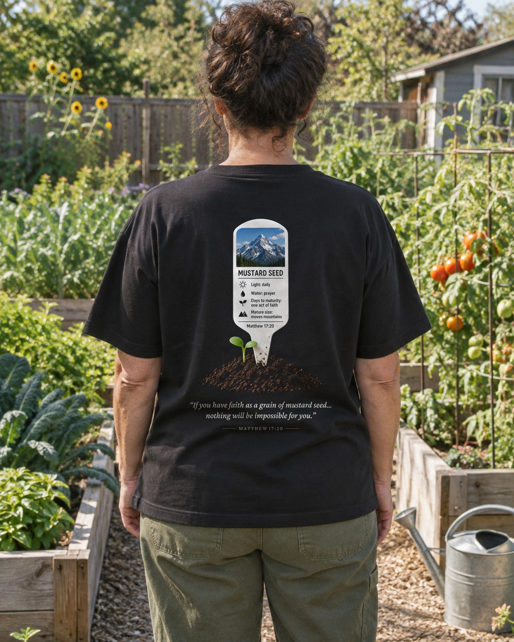 Mustard Seed Plant Tag tee in a vegetable garden, back view