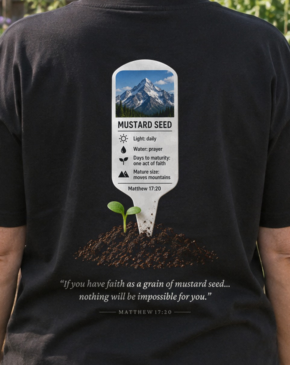Mustard Seed Plant Tag tee, close-up of the back print