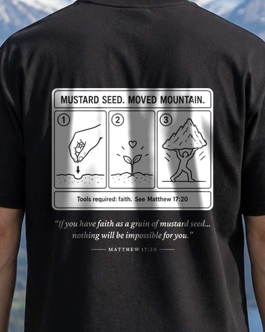 Mustard Seed 3 Steps tee, close-up of the back print