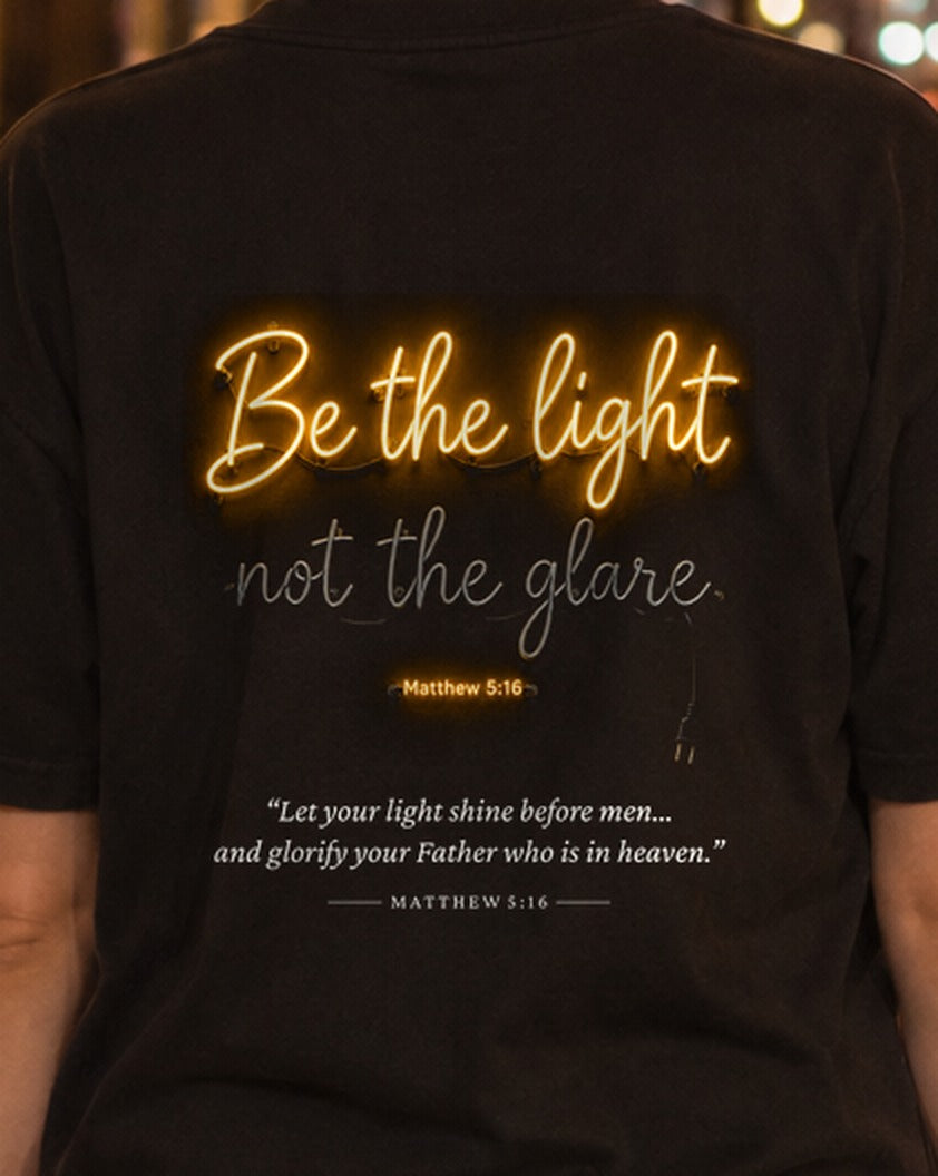 Be the Light Neon tee, close-up of the back print