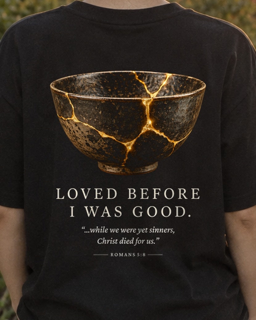 Loved Before I Was Good Kintsugi tee, close-up of the back print