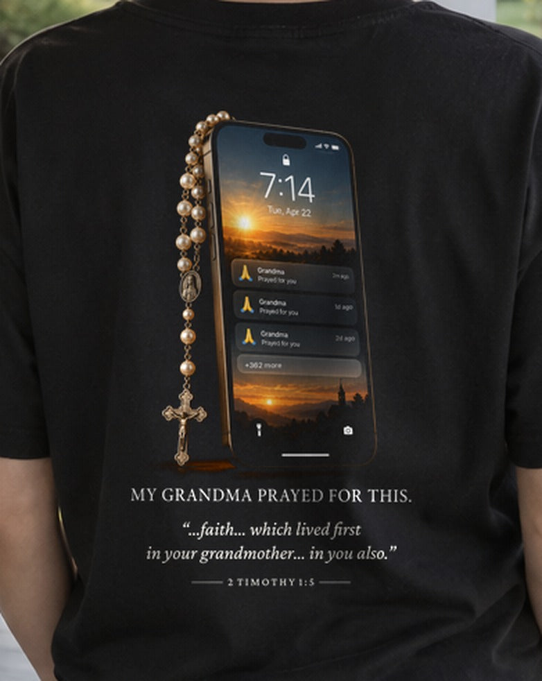 My Grandma Prayed for This Phone tee, close-up of the back print